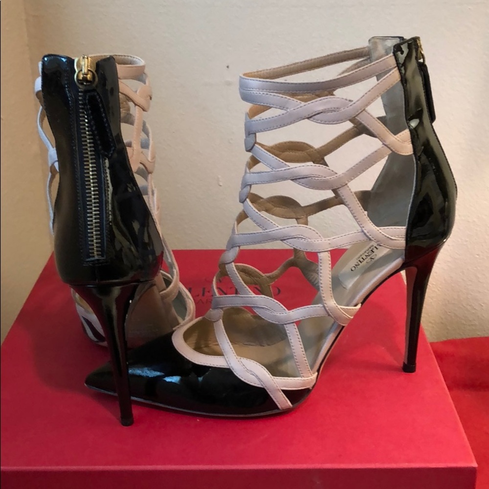 Valentino black patent and nude lamb skin booties.